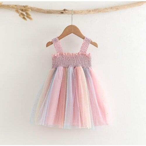 27Kids Girls Summer Sweet lace Sling Net Gauze Vest Dress,Sling Rainbow Wrinkled Mesh Princess Dress 3-8Years