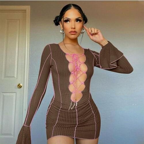 Simple Lace Up Deep V-Neck Long Sleeve Tights Jumpsuit Stitching Sexy Party Fashion Thread Miniskirt Fall