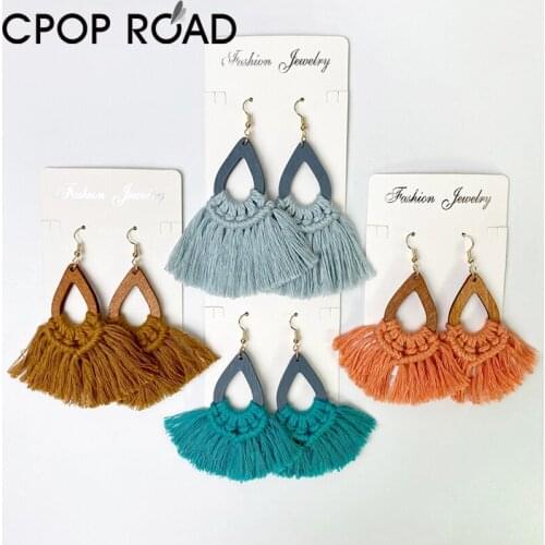 Bohemian Wood Tassel Earrings for Women Ethnic Handmade Cotton Fringed Macrame Earrings Wedding Jewelry Hot Sale Party Gift New