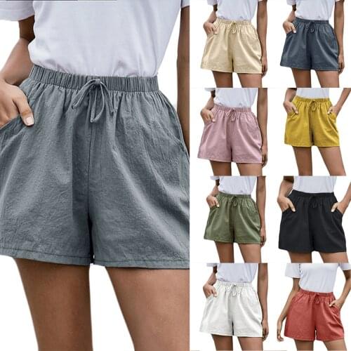 Jogger Summer High Waist Sport Short Pants Wide Leg Women Shorts Cotton Linen Pocket Casual Elastic Waist Drawstring Shorts