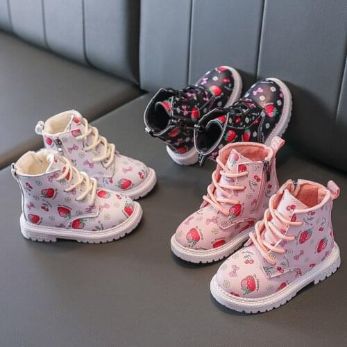 Sa Demeng Warm Baby Girls British Style Leather Boots 2020 Autumn and Winter New Girl Martin Boots Cute Strawberry Short Boots