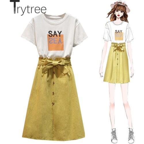 Trytree 2020 Summer Women Two Piece Set Casual O-neck Letter Loose T-shirt Tops + Skirt A-line Belt Split hem Mini 2 Piece Set