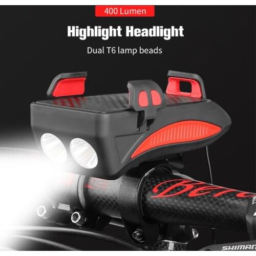 4 In 1 LED Bicycle Headlight 4000mA Mobile Phone Bracket Riding Horn Front Light Speaker USB Multi-function Bicycle Accessories