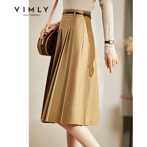 VIMLY Autumn Skirts for Women Elegant High Waist Ladies Knee Length A-Line Skirt Vintage Jupe Long Skirt Female Faldas F8809