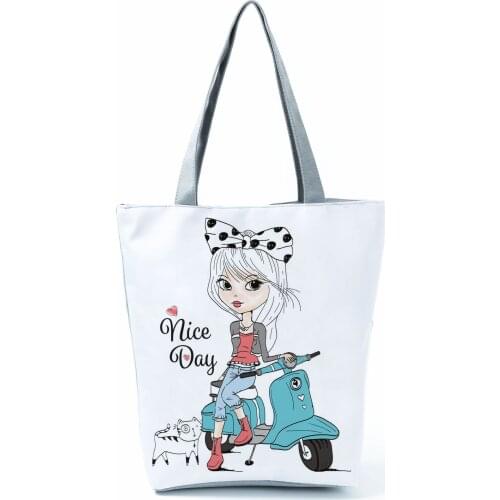 Girl Riding a Bike Printed Shoulder Bag Simple Casual Handbags High Capacity Shopping Bag Eco Friendly Beach Bag Portable Tote
