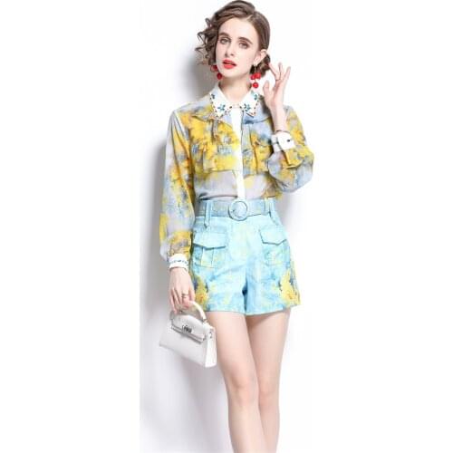Women Summer Designer Elegant Office Party Print Two Piece Set Female Long Sleeve Ruffles Shirt Top + Pocket Wide Leg Shorts Set