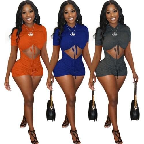 Echoine One Piece Ribbed Drawsting Playsuit Women Sexy Bodycon Hollow Out Bodysuit Party Clubwear Outfits Skinny Fitness Rompers
