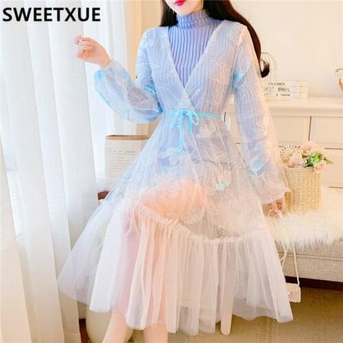SWEETXUE 2021 Spring Mesh Embroidery Stitching Dress + Knitted Base Dress Two-Piece Set Women Vestidos