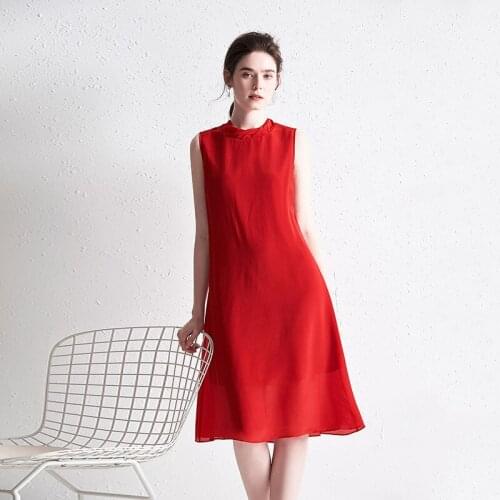 2020 200% Real Summer Silk Women Elegant Red Party Dress Ladies Dresses Sleeveless Midi Robe Femme Fsz-22028