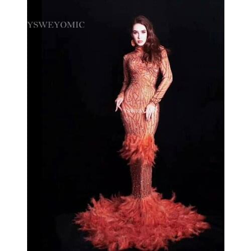 2019 Elegance Red Rhinestones Feather Dress Birthday Celebrate Women Dress Prom Evening Stage Singer Dancer Long Train Dress