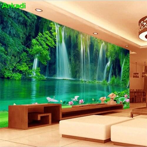 3D waterfall poster beautiful scenery grassland natural scenery green morning lotus TV living room background wallpaper