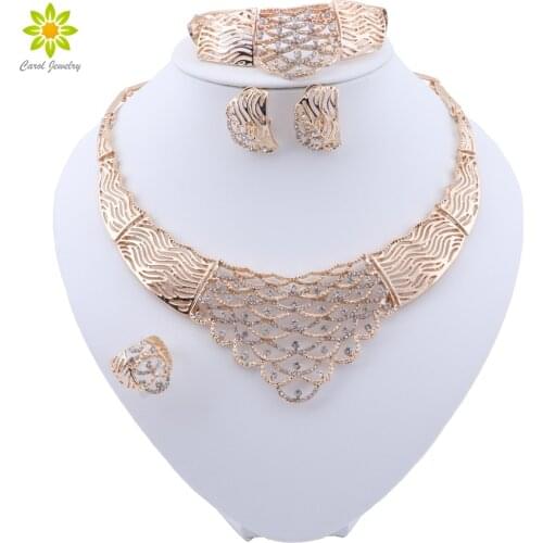 Women Wedding Necklace Bracelet Earrings Ring Set New Trendy African Jewelry Sets Charming Rhinestone Fashion Jewelry Set