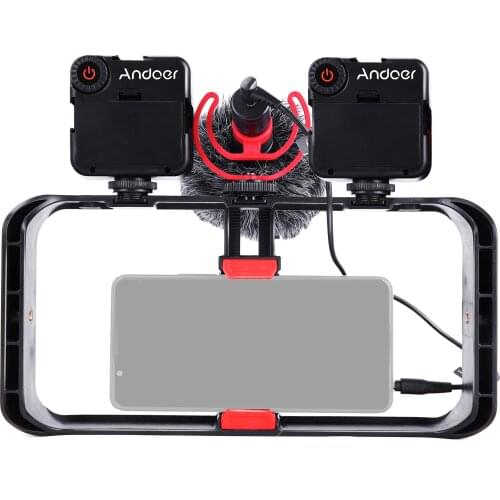Andoer Smartphone Video Rig Kit Smartphone Cage with 3 Cold Shoe Mounts + Mini LED Video Lights + Mic for Vlog Live Streaming