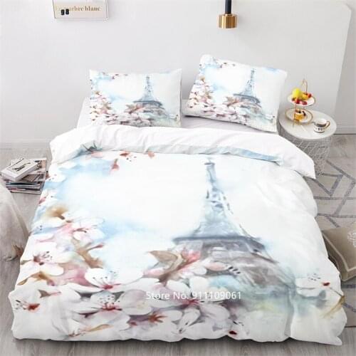Small Fresh Painted Eiffel Tower Bedding Set 2-3 High Quality Down Quilt Cover and Pillowcase Flower Peachblossom Pattern
