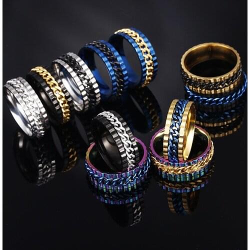 Korean Fashion Mens Titanium Steel Chain Can Turn Ring Trend Punk Colour Ring Hip Hop Mens Street Motorcycle Party Jewelry