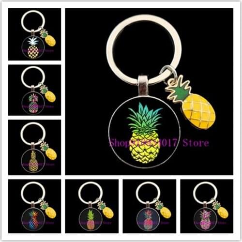 Summer colorful fruit pineapple round glass keychain cabochon photo dome handmade DIY pineapple pendant round glass keychain
