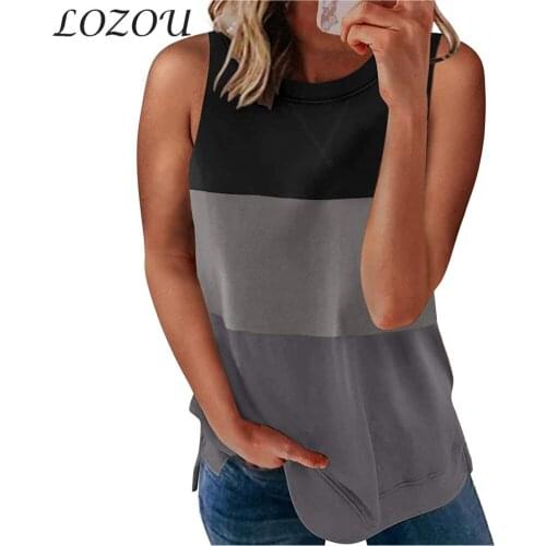Summer Fashion Womens Patchwork Print Tank Tops Loose Vest Round Neck Without Sleeve Street Style Stitching Contrast Casual