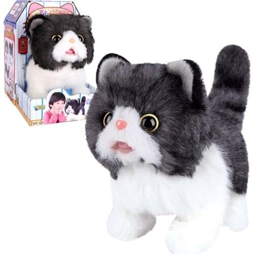17cm/7inch Mini Interactive Cat Soft Cotton Miniature Stuffed Toy Tiny Electric Plush Doll with Wag Tail Novelty Cat Toy