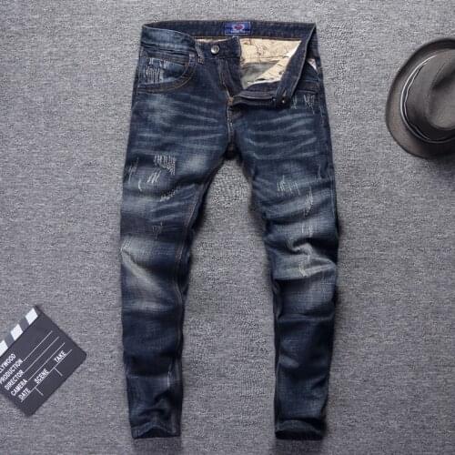 Italian Style Fashion Men Jeans Retro Dark Blue Elastic Cotton Slim Fit Ripped Jeans Men Streetwear Vintage Designer Denim Pants