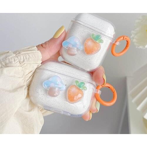 Cartoon Mushroom Carrot Keyring Case for Apple Airpods 2 Cases For AirPod Pro 3 Soft Cute Transparent Cover Earphone Accessories