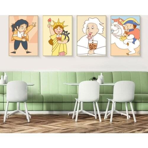 Cartoon Character Drinking Milk Tea Canvas Painting Wall Art Nordic Posters and Prints Wall Pictures for Living Room Decoration