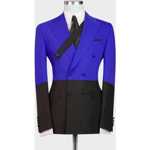 Royal Blue And Black Costume Homme Men Wedding Suit Slim Fit 2 Piece Double Breasted Tuxedo Groom Prom Best Man Blazer Masculino