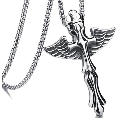 Stainless Steel Winged Cross Stone Pendant Necklace For Hiphop/Rock Style Man Vintage Christian Jewelry