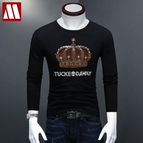 New Crown Rhinestones T Shirts Men Brand Fashion Man Streetwear O Neck Tee Shirt Slim Diamond Black Cotton Tshirts Plus Size 5XL