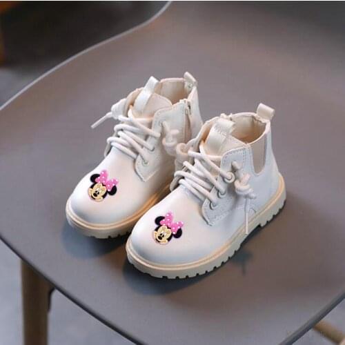 Minnie Mouse Autumn Winter Martin Boots Kids Shoes for Girl Solid Color Fashion Boots PU Leather Children Boys Shoes