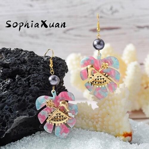 SophiaXuan Polynesian Earrings Hawaiian Traditional Tree Leaf Acrylic Jewelry Drop Dangling Earring Wholesale for Women Gift