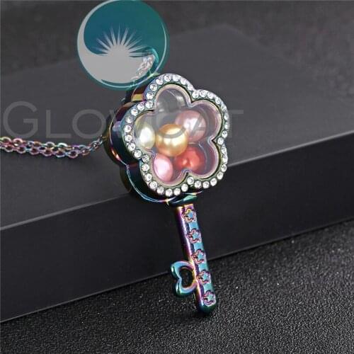 Rainbow Flower Key Glass Locket Necklace Rhinestone Beads Pearl Cage Living Memory Floating Photo Locket Pendant Necklace