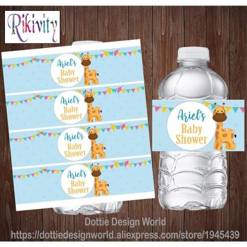 Rikivity Personalized Giraffe Flag Baby Shower Water Bottle Wine Labels Candy Bar Wrapper Stickers Birthday Baptism Decoration