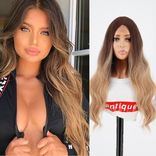 Synthetic Wig Female Long Wavy Wig Natural Part Side Wig Heat Resistant Party Hair Gradient Brown Gold Wig