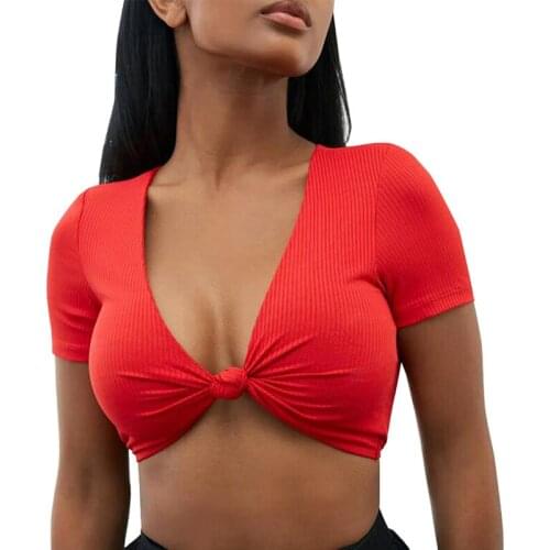 Womens Yoga Shirt Deep V Neck Knot Front Crop Top Short Sleeve Basic Casual Fitness Bow Short Shirt For Femme