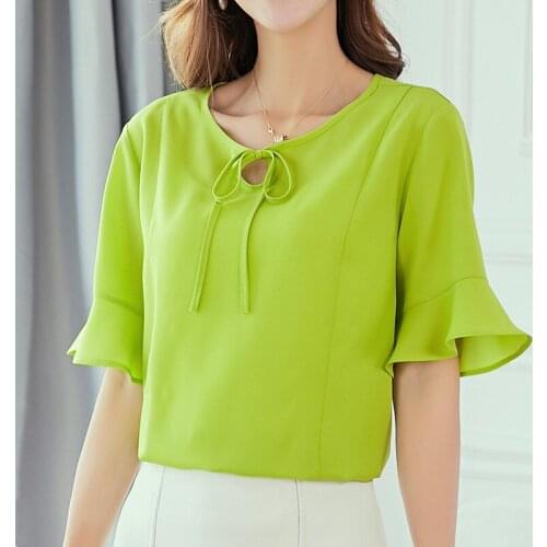 2021 Summer New Korean Large Size Shirt Base Shirt Fashion Slim Chiffon Blouses Solid Dropshipping Bow Flare Sleeve Casual 0992