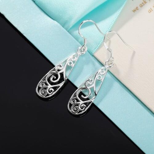 Hot sale 925 Sterling Silver Carved drop shape Earrings for Women elegant fashion Jewelry Christmas Gifts party long earrings