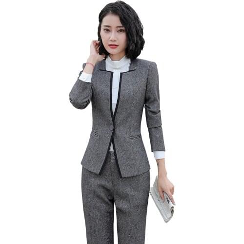 Ladies Grey / Black Blazer Womens Business Suit Formal Office trouser Suits Work Wear Pant with Jacket Sets OL Styles costumes
