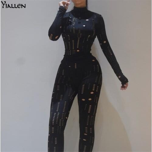 Yiallen Autumn Solid Hollow Biker Two Piece Set Women Long Sleeve Turtleneck Top+Sheath Stretchy Waist Pants Matching Outfits