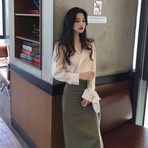 2021 New Women Autumn Solid Shirts Blouses and High Waist Bodycon Pencil Skirts Suit Korean Chic Office Lady 2 Pieces Set Q524