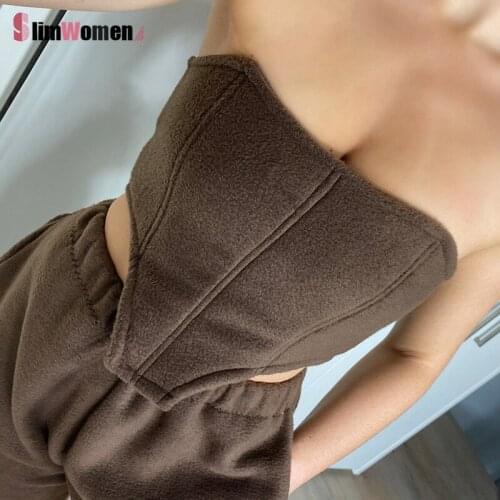 2021 Brown Furry Bandage Corset Tube Top + Jogger Sweat Pant Suits Two Piece Set Womens Tracksuit Clothing Solid Summer Outfits