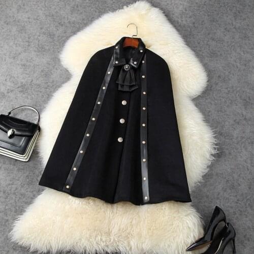 Women Runway Capes Fashion High Quality Red Turn-Down Ponchos Bow Button Diamonds Black Elegant Coat