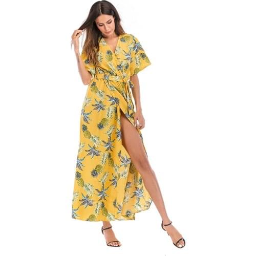 2021 Hot Sell Sexy Summer Dress Women Chiffon Long Dress Girl Short Sleeve Boho Beach Dresses Floral Vintage V Neck Casual Dress