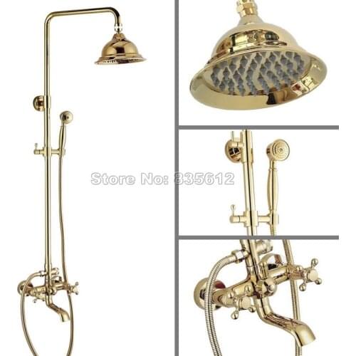 Gold Brass Bathroom Rain Shower Faucet Sets Bath Tub Wall Mount Dual Cross Handle Mixer Taps with Hand Shower Spray Wgf386
