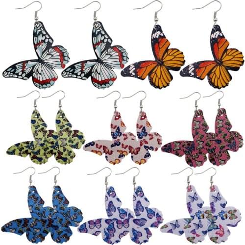 1Pair Boho Style PU Leather Dangle Earrings Butterfly Shape Insect Printing Pendientes Earrings For Women Jewelry Gift