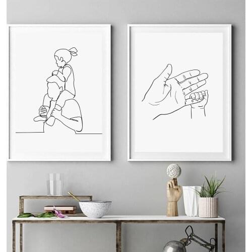 Abstract Father Daughter Single Line Drawing Print Baby Hands Black White Poster Family Gifts Bedroom Wall Art Canvas Painting