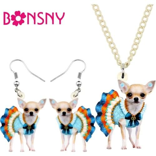 Bonsny Acrylic Blue Dress Chihuahua Dog Earrings Necklace Earrings Jewelry Sets Children Girl Cute Party Decoration Charm Gift