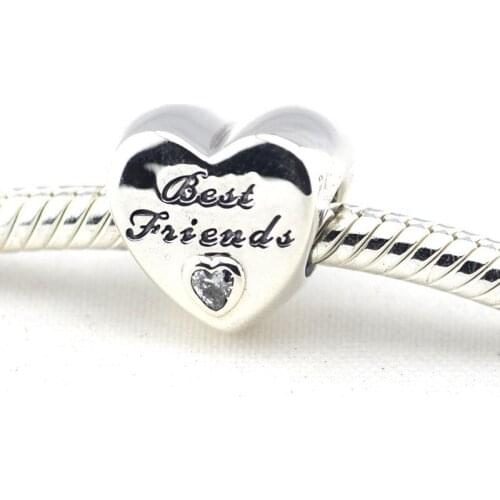 QANDOCCI Friendship Heart Silver Charm with Clear CZ 925 Sterling Silver DIY Beads Fits Pandora Bracelet Women Jewelry Wholesale