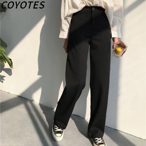 COYOTES Womens Pants Solid Black High Waist Straight Pant Women Korean Pockets Loose Leisure Trendy Trousers All-match