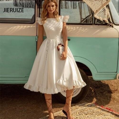 JIERUIZE White Tea Length Backless Summer Wedding Dresses Ruffle Lace Beach Boho Wedding Gowns vestido de noiva