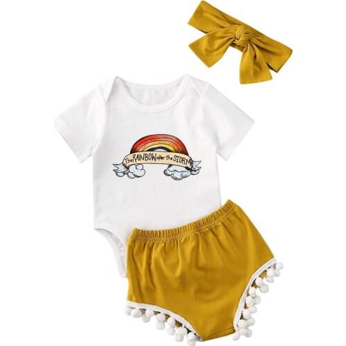 0-18M Summer Infant Baby Girls Boys Clothes Sets Rainbow Print Short Sleeve Romper Tops+Tassel Shorts+Headband 3pcs